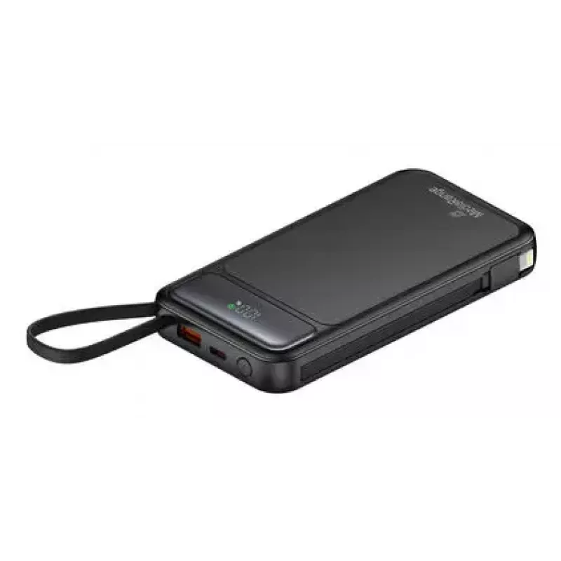 Powerbank MediaRange MRMA753 10.000 mAh LiPo com cabos integrados, ecrã LCD, USB-C PD e Quick Charge, preto