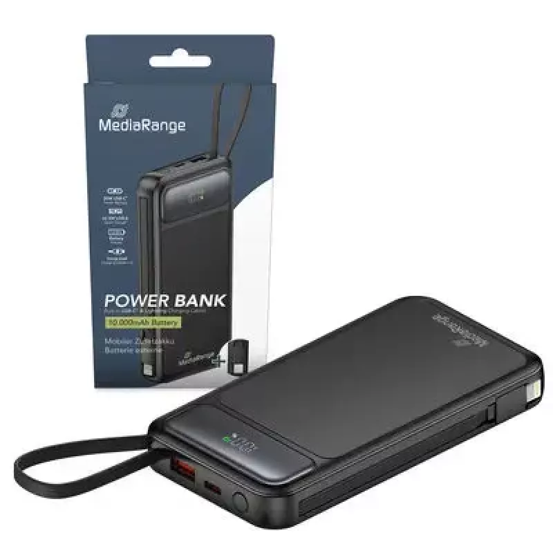Powerbank MediaRange MRMA753 10.000 mAh LiPo com cabos integrados, ecrã LCD, USB-C PD e Quick Charge, preto