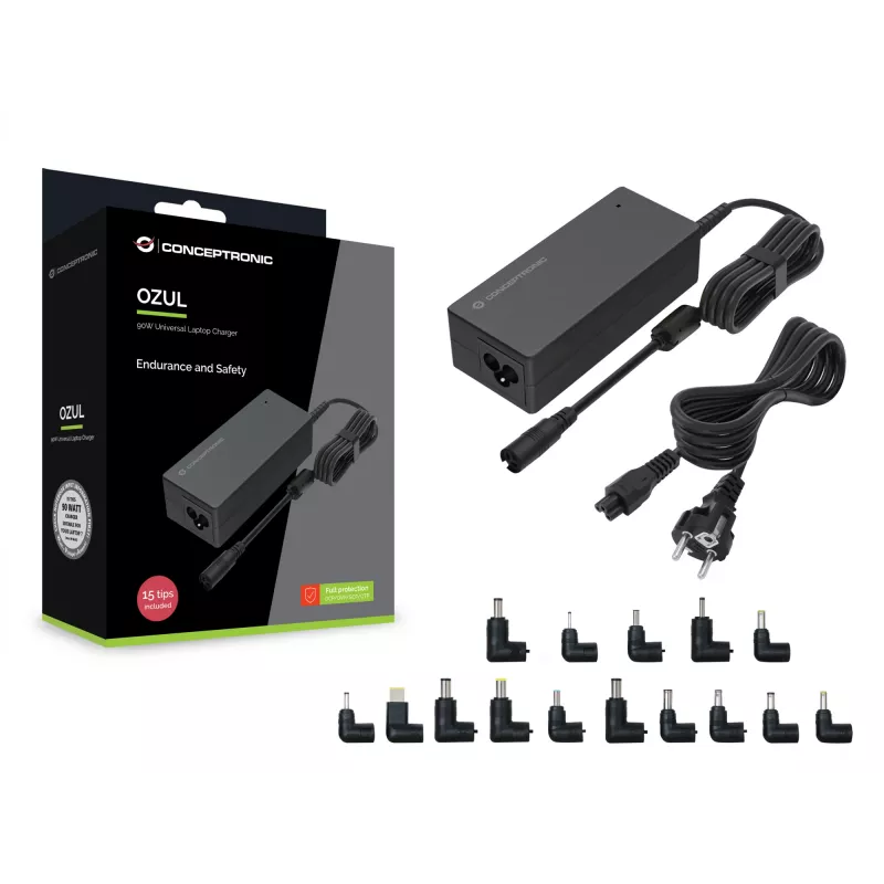 Carregador universal para portátil Conceptronic OZUL08B15 90W, 15 pontas de carregamento incl.