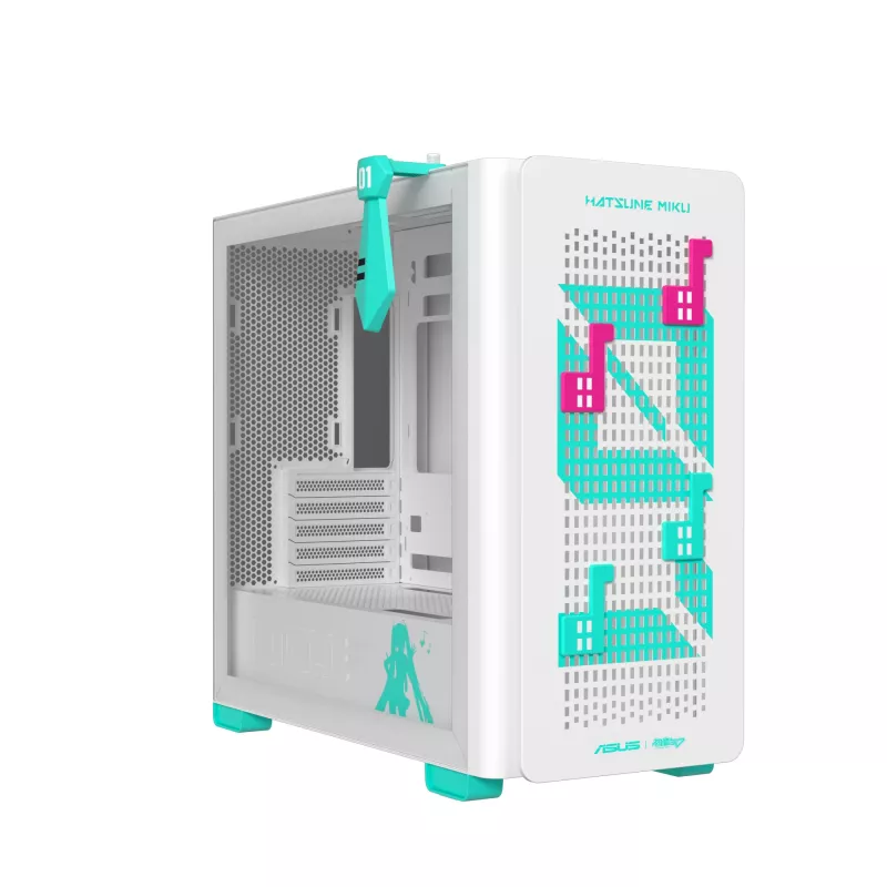 Caixa para PC ASUS A23 Hatsune Miku Edition — micro-ATX / Mini-ITX, suporta ventoinhas de 120/140 mm, unidades de 2,5 e 3,5 polegadas, turquesa/branco