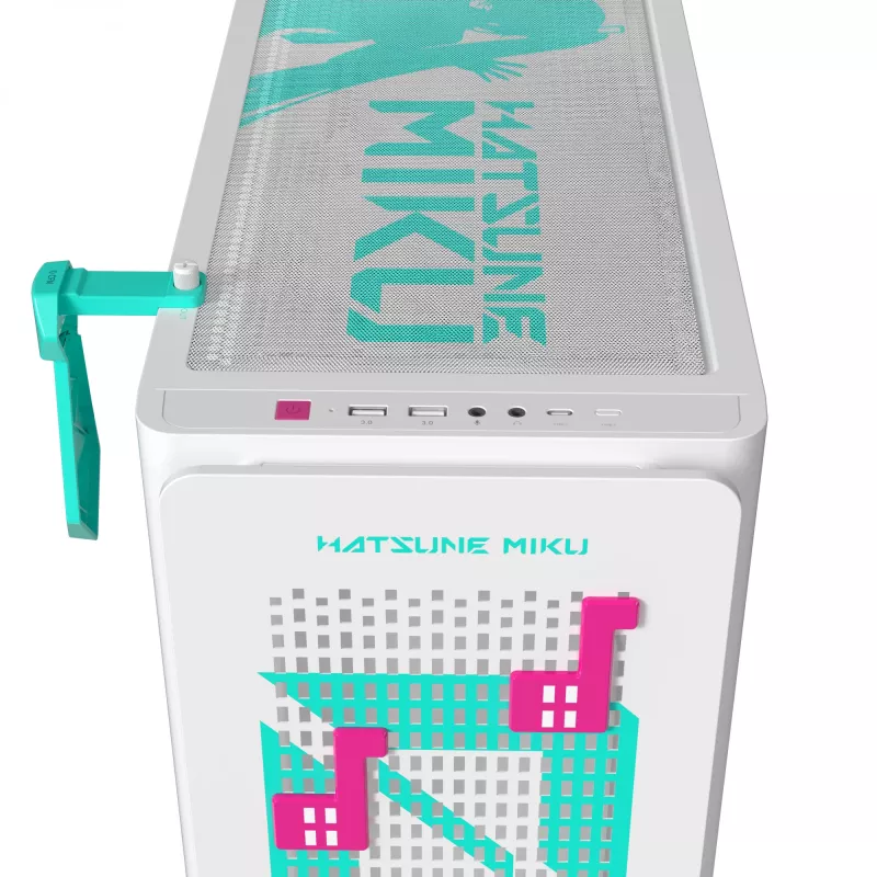 Caixa para PC ASUS A23 Hatsune Miku Edition — micro-ATX / Mini-ITX, suporta ventoinhas de 120/140 mm, unidades de 2,5 e 3,5 polegadas, turquesa/branco