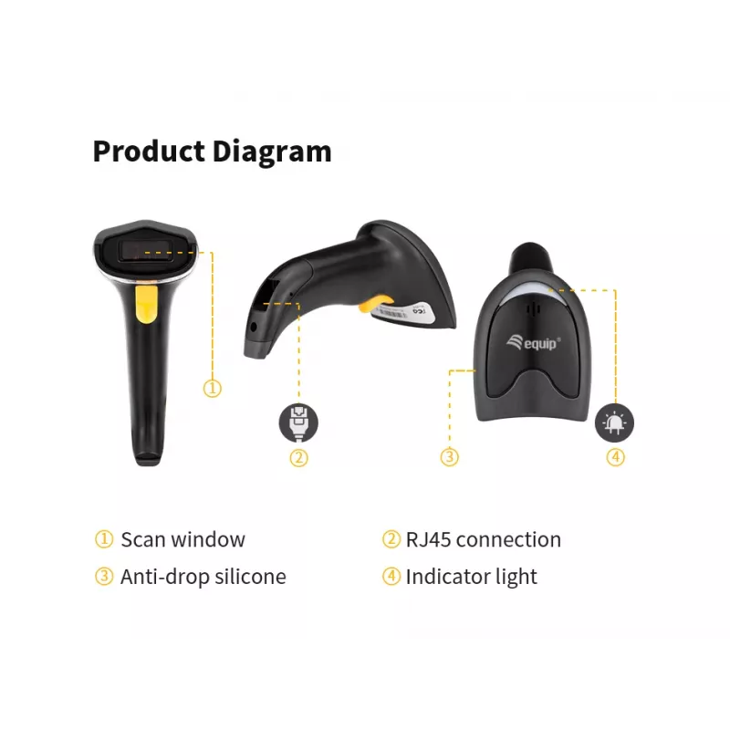 Leitor de códigos de barras manual Equip 1D laser USB com fio preto ABS