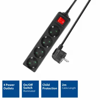 Régua de tomadas ACT com interruptor iluminado, 4 tomadas, 2 m, preto