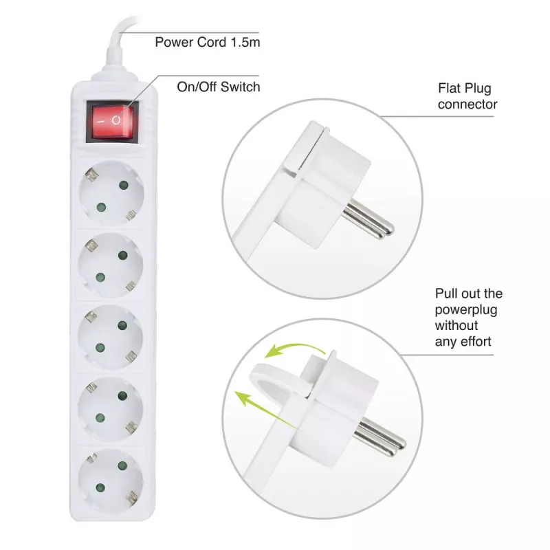 Extensão elétrica ACT com interruptor iluminado e ficha plana, 5 tomadas, 1,5 m, branco