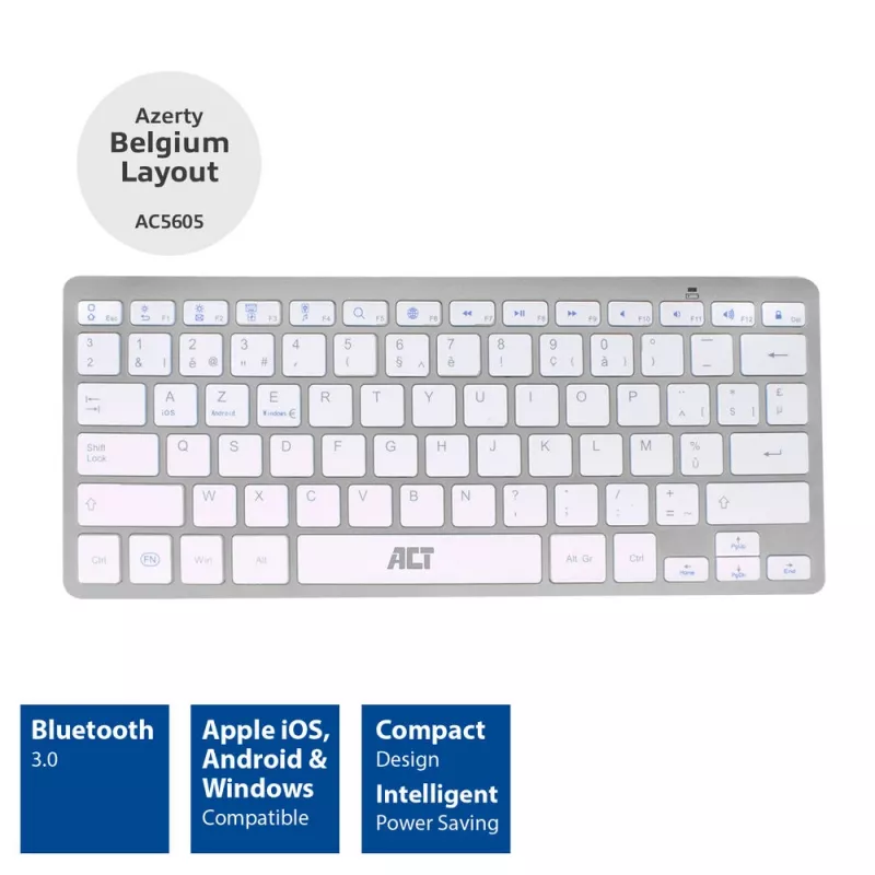 Teclado Bluetooth portátil ACT, layout Azerty/BE, sem fios, branco, 75%