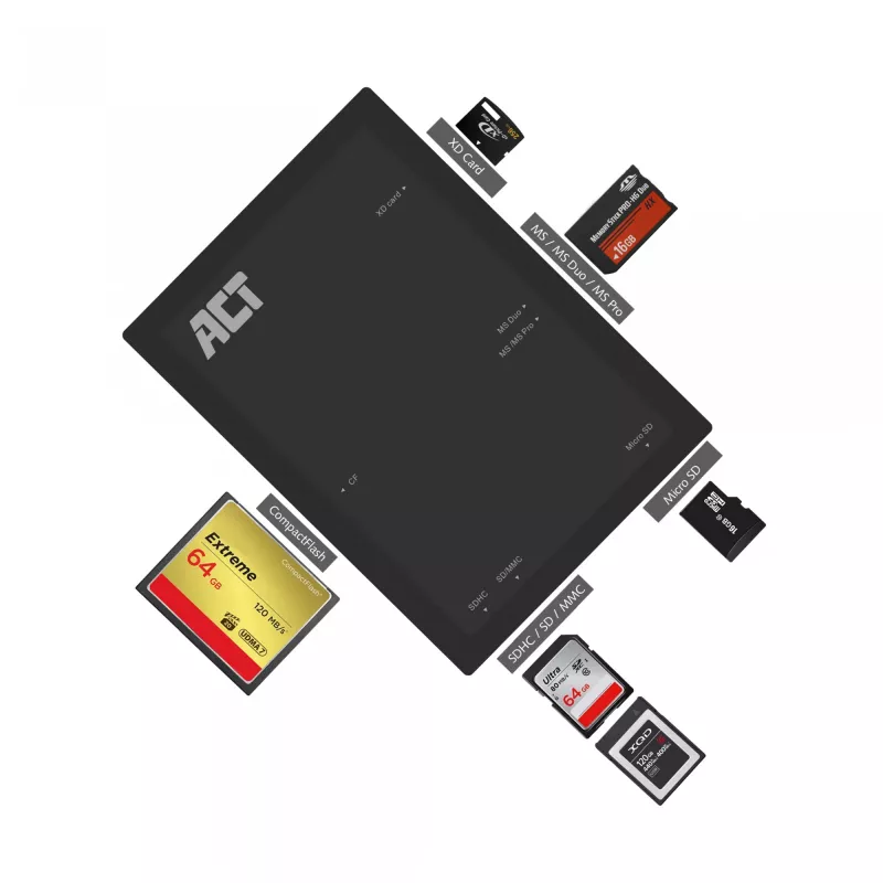 Leitor de cartões ACT USB 3.0 AC6370 CF MMC MS Duo MicroSD SDHC preto