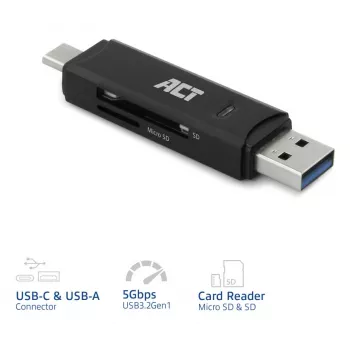Leitor de cartões ACT USB-C/USB-A 3.0 preto