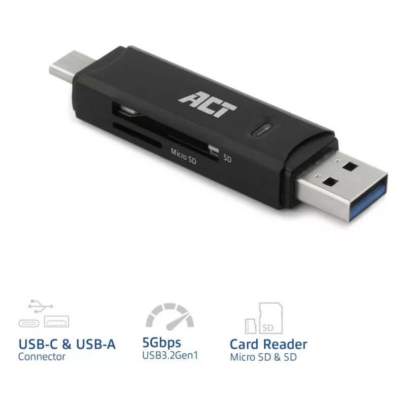 Leitor de cartões ACT USB-C/USB-A 3.0 preto