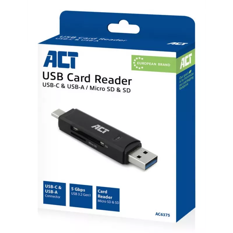 Leitor de cartões ACT USB-C/USB-A 3.0 preto