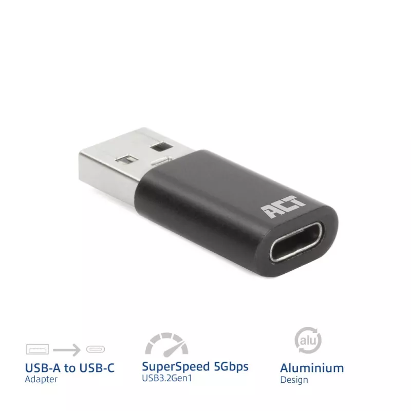 Adaptador ACT AC7376 USB-A macho para USB-C fêmea, preto