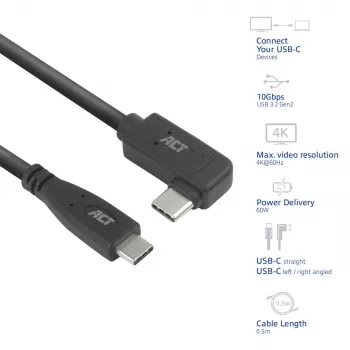 Cabo ACT USB 3.0 10Gbps 60W USB Type-C (reto) para USB Type-C (angular à esquerda/direita), 0,5 metros