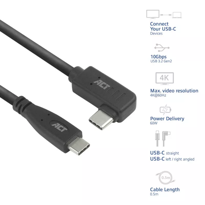 Cabo ACT USB 3.0 10Gbps 60W USB Type-C (reto) para USB Type-C (angular à esquerda/direita), 0,5 metros