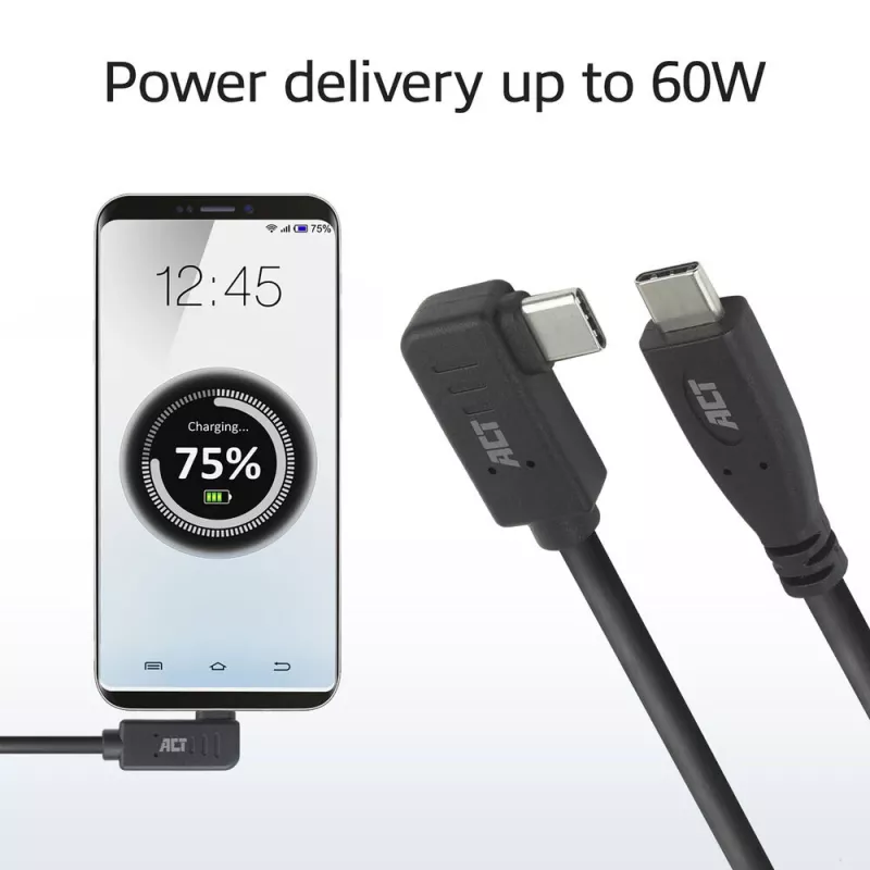 Cabo ACT USB 3.0 10Gbps 60W USB Type-C (reto) para USB Type-C (angular à esquerda/direita), 3 metros