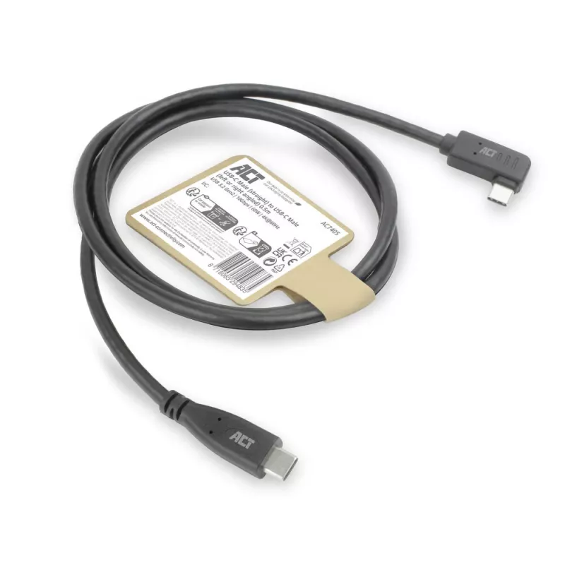 Cabo ACT USB 3.0 10Gbps 60W USB Type-C (reto) para USB Type-C (angular à esquerda/direita), 3 metros