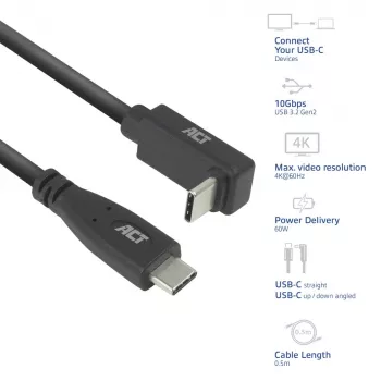 Cabo ACT USB 3.0 10Gbps 60W USB Type-C (direito) para USB Type-C (angular para cima/baixo), 1 metro