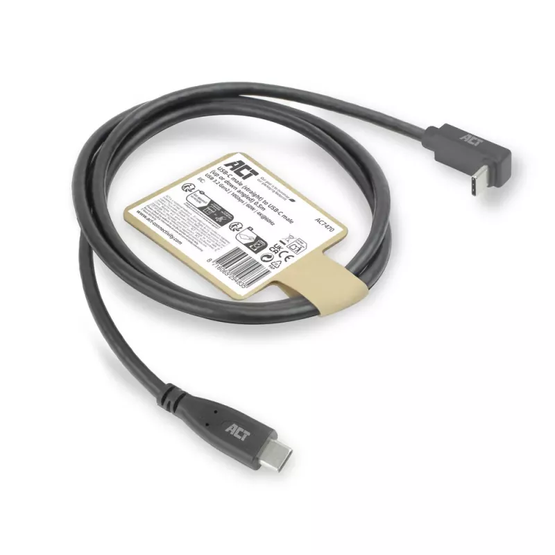 Cabo ACT USB 3.0 10Gbps 60W USB Type-C (direito) para USB Type-C (angular para cima/baixo), 1 metro