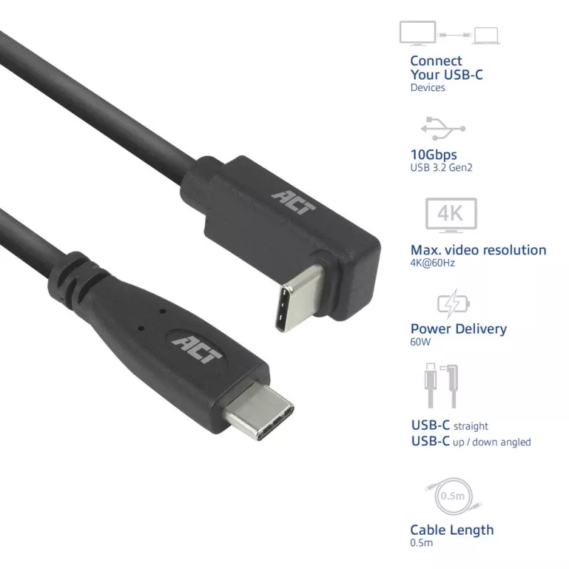 Cabo ACT USB 3.0 10Gbps 60W USB Type-C (direito) para USB Type-C (angular para cima/baixo), 2 metros