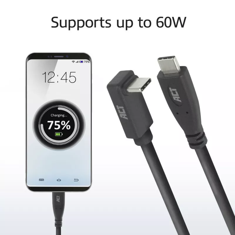 Cabo ACT USB 3.0 10Gbps 60W USB Type-C (direito) para USB Type-C (angular para cima/baixo), 2 metros