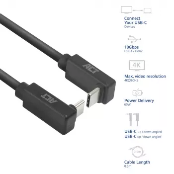 Cabo ACT USB 3.0 10Gbps 60W USB Type-C (angular para cima/baixo) para USB Type-C (angular para cima/baixo), 0,5 metros