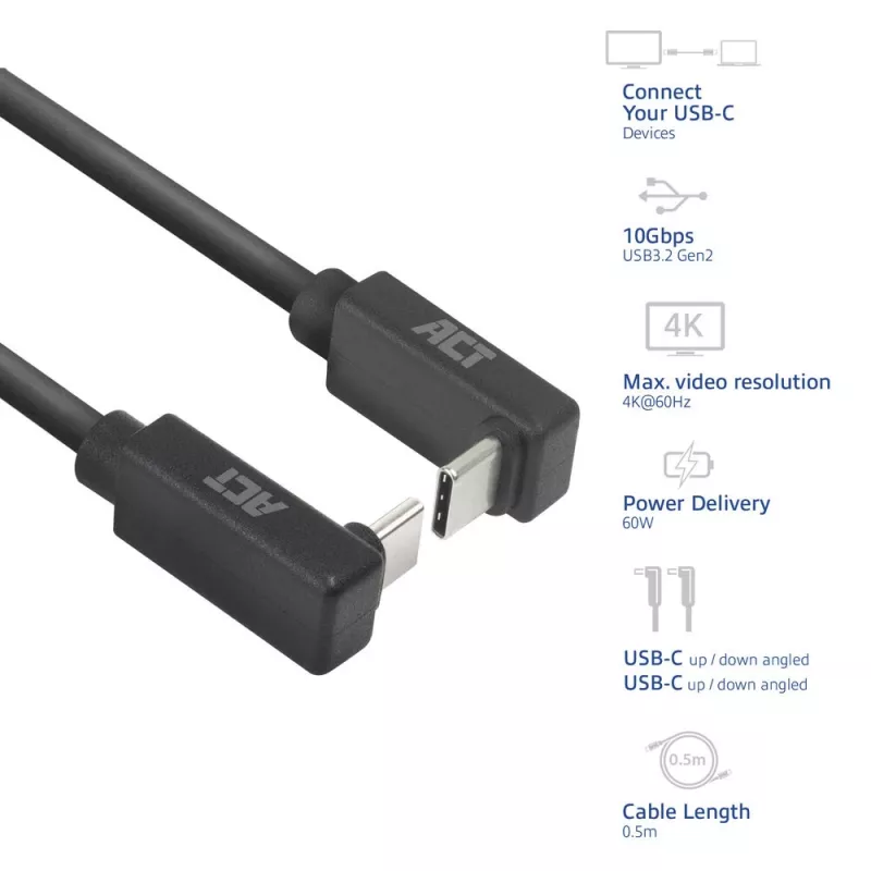 Cabo ACT USB 3.0 10Gbps 60W USB Type-C (angular para cima/baixo) para USB Type-C (angular para cima/baixo), 0,5 metros