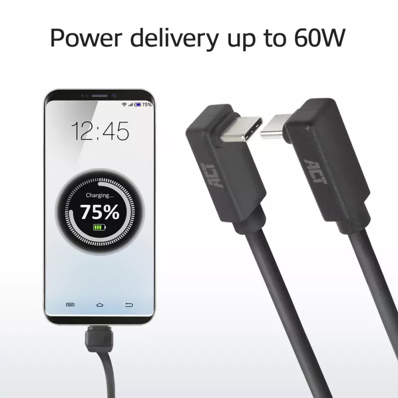 Cabo ACT USB 3.0 10Gbps 60W USB Type-C (angular para cima/baixo) para USB Type-C (angular para cima/baixo), 2 metros