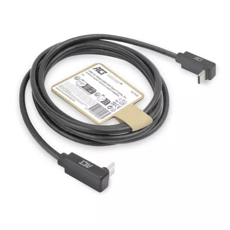 Cabo ACT USB 3.0 10Gbps 60W USB Type-C (angular para cima/baixo) para USB Type-C (angular para cima/baixo), 2 metros