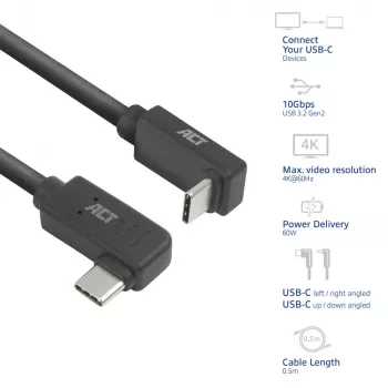 Cabo ACT USB 3.0 10 Gbit/s 60 W USB Type-C (curvado à esquerda/direita) para USB Type-C (curvado para cima/baixo), 0,5 metros