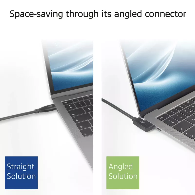 Cabo ACT USB 3.0 10Gbps 60W USB Type-C (angular para a esquerda/direita) para USB Type-C (angular para cima/baixo), 2 metros