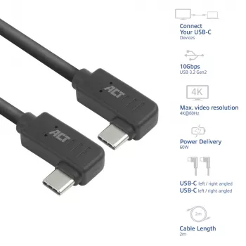 Cabo ACT USB 3.0 10Gbps 60W USB Type-C® (angular para a esquerda/direita) para USB Type-C® (angular para a esquerda/direita), 2 metros