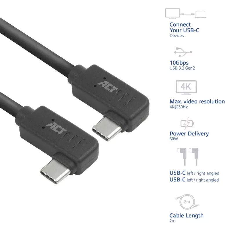 Cabo ACT USB 3.0 10Gbps 60W USB Type-C® (angular para a esquerda/direita) para USB Type-C® (angular para a esquerda/direita), 2 metros
