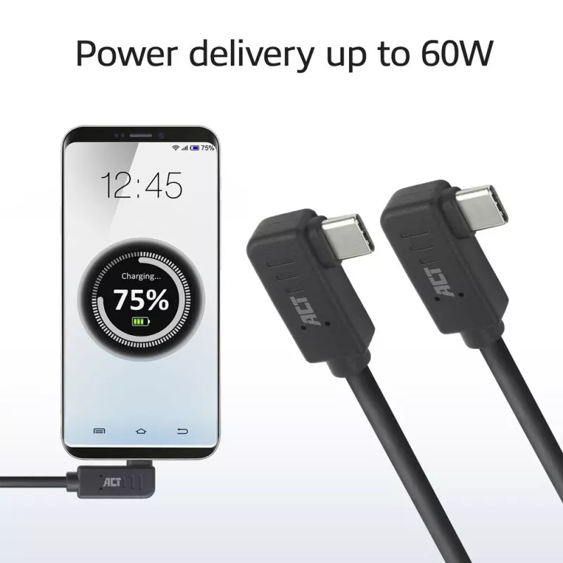 Cabo ACT USB 3.0 10Gbps 60W USB Type-C® (angular para a esquerda/direita) para USB Type-C® (angular para a esquerda/direita), 2 metros