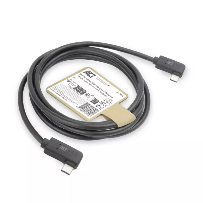 Cabo ACT USB 3.0 10Gbps 60W USB Type-C® (angular para a esquerda/direita) para USB Type-C® (angular para a esquerda/direita), 2 metros