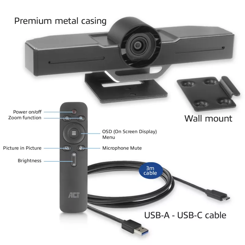 Câmara de conferência ACT Full HD com microfone, função de rotação, inclinação e zoom