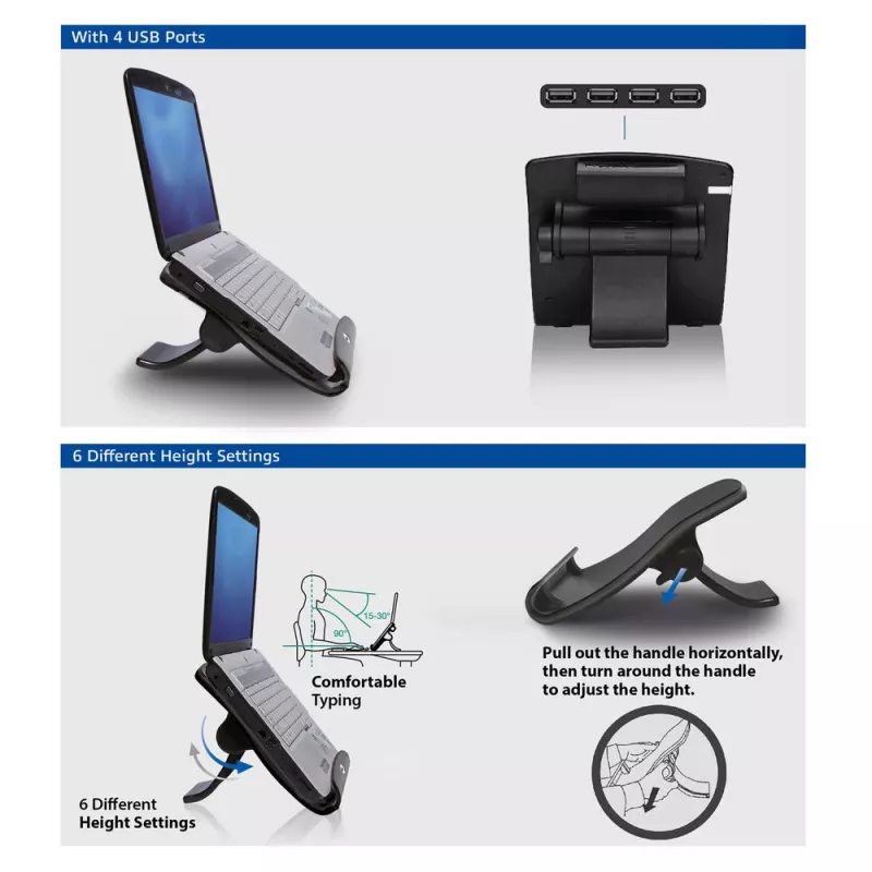 Suporte para portátil ACT AC8100 com 6 alturas ajustáveis e hub de 4 portas