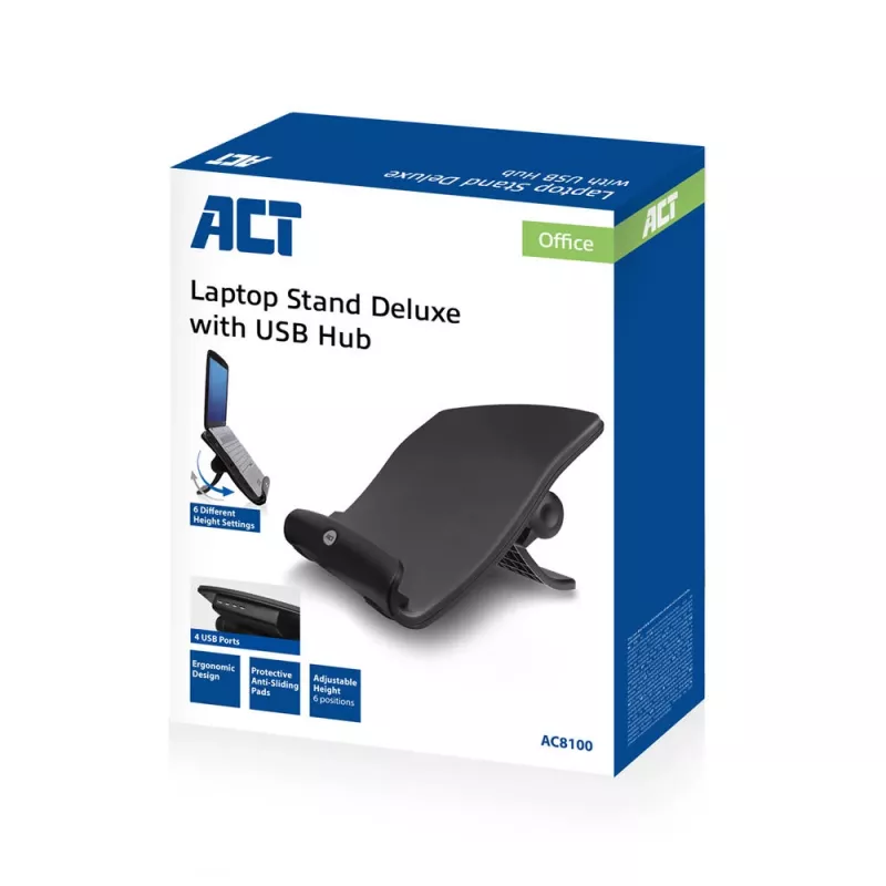 Suporte para portátil ACT AC8100 com 6 alturas ajustáveis e hub de 4 portas