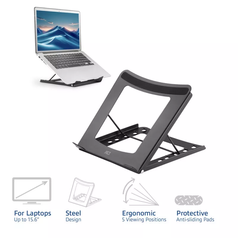 Suporte para portátil ACT AC8145 com 5 posições de altura ajustáveis, preto