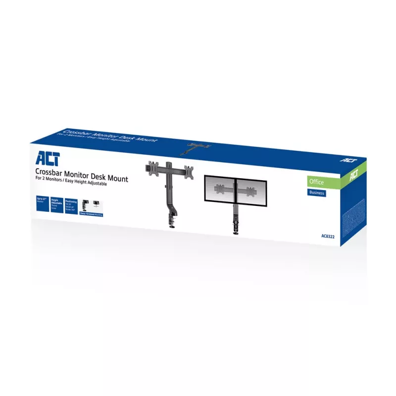 Braço duplo para monitor ACT de escritório com ajuste rápido de altura, grampo/furo, 14 kg