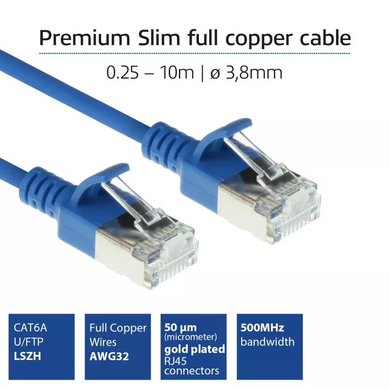 Cabo de rede patch slimline para datacenter ACT azul de 1 metro LSZH U/FTP CAT6A sem patilha com fichas RJ45