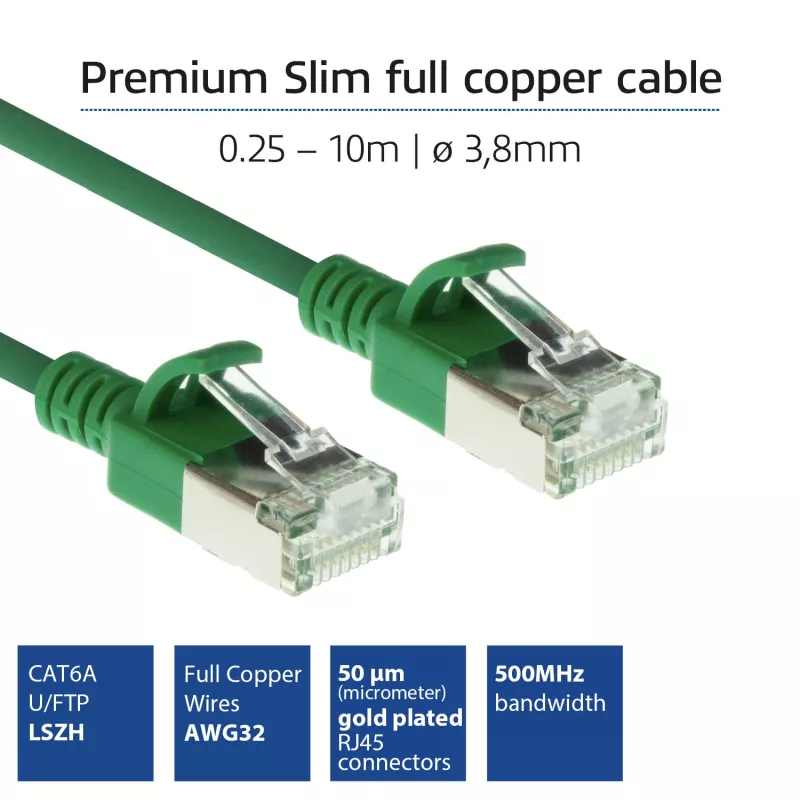 Cabo de rede patch Slimline Datacenter ACT verde 1 m LSZH U/FTP CAT6A, sem patilhas, com fichas RJ45