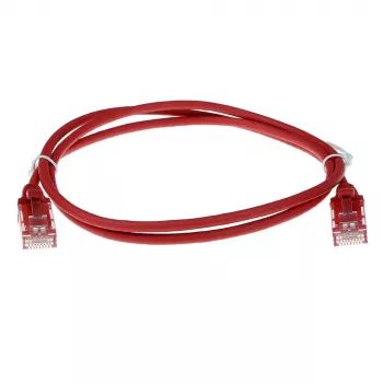 Cabo de rede patch Slimline para centro de dados ACT vermelho 10 m LSZH U/UTP CAT6 com fichas RJ45 e proteção anti-dobra
