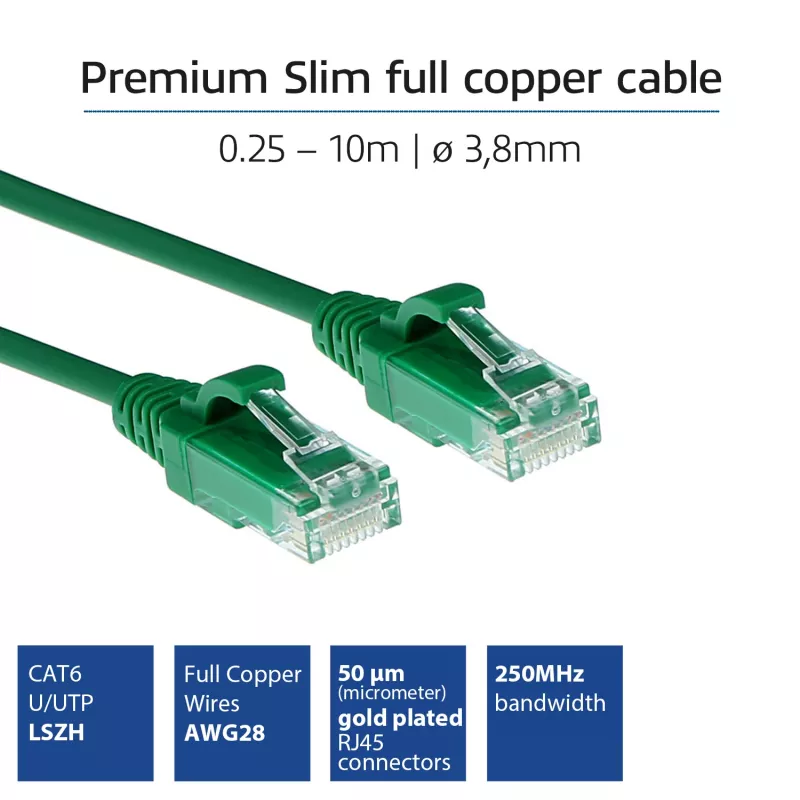 Cabo de rede patch Slimline Datacenter ACT verde 2 m LSZH U/UTP CAT6 com fichas RJ45