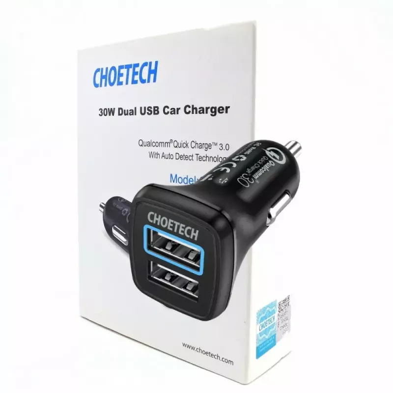 Fonte de alimentação CHOETECH C0051 dual USB-A 36W QC3.0, preto