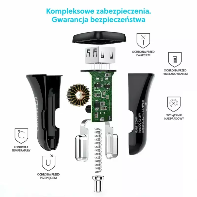 Fonte de alimentação CHOETECH C0051 dual USB-A 36W QC3.0, preto