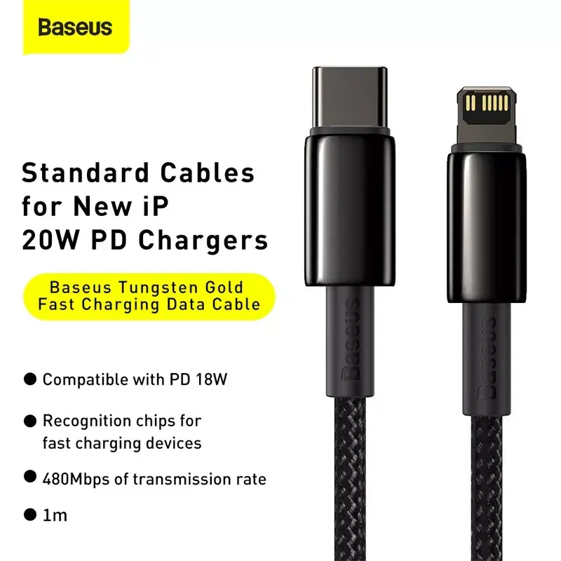 Cabo Baseus Tungsten Gold 1 m preto Lightning para USB C