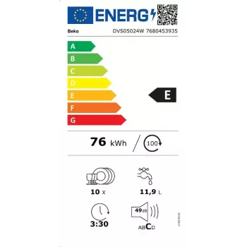 Máquina de lavar loiça estreita de instalação livre BEKO DVS05024W — 10 conjuntos de louça, 45 cm, 49 dB, classe energética E