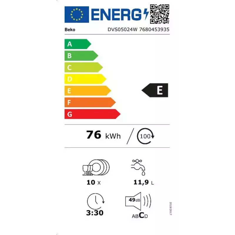 Máquina de lavar loiça estreita de instalação livre BEKO DVS05024W — 10 conjuntos de louça, 45 cm, 49 dB, classe energética E