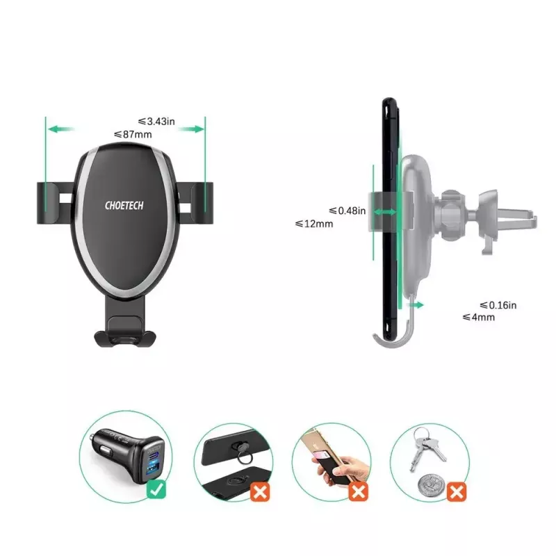 Suporte de telemóvel para automóvel CHOETECH T536-S com carregamento sem fios 10W, montagem no painel/para-brisas