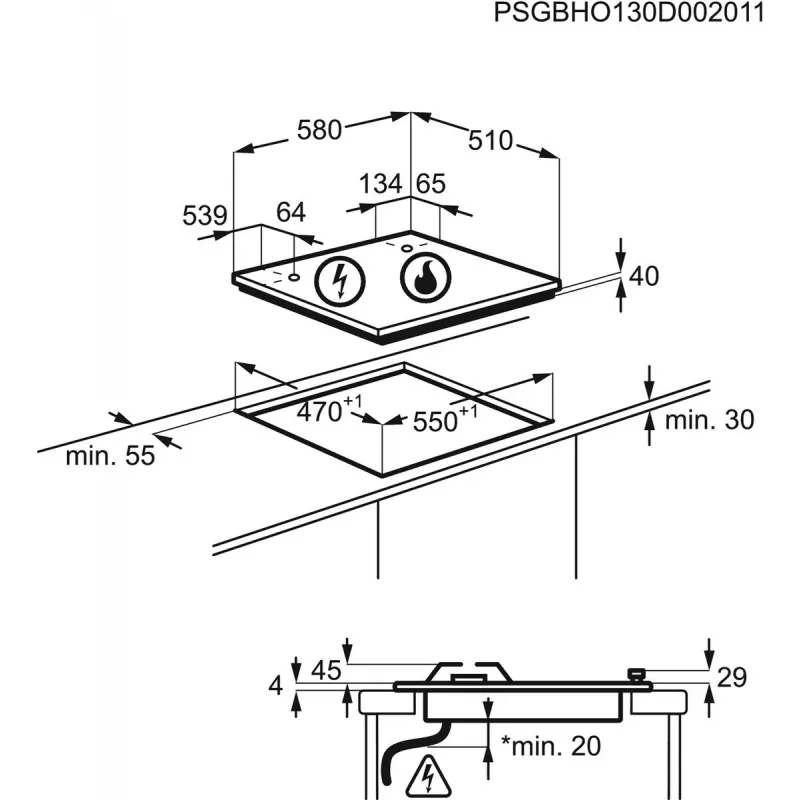 Placa de fogão Electrolux EGE6172NOK preta de encastrar 60 cm combinada 4 zonas, controlos tácteis e rotativos