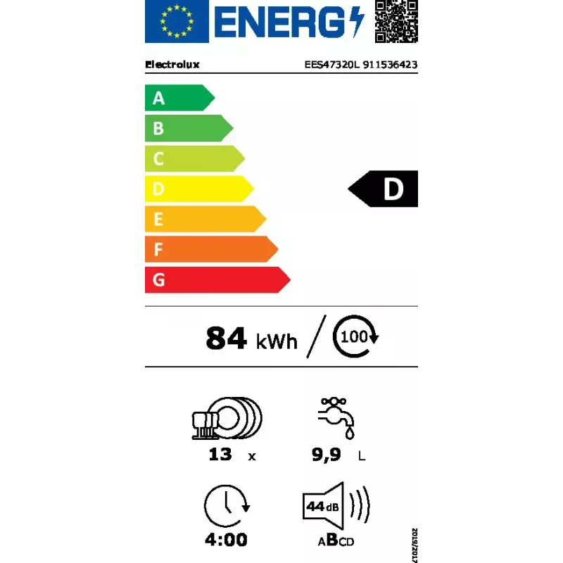 Máquina de lavar loiça de encastrar Electrolux EES47320L 13 conjuntos de louça 44 dB