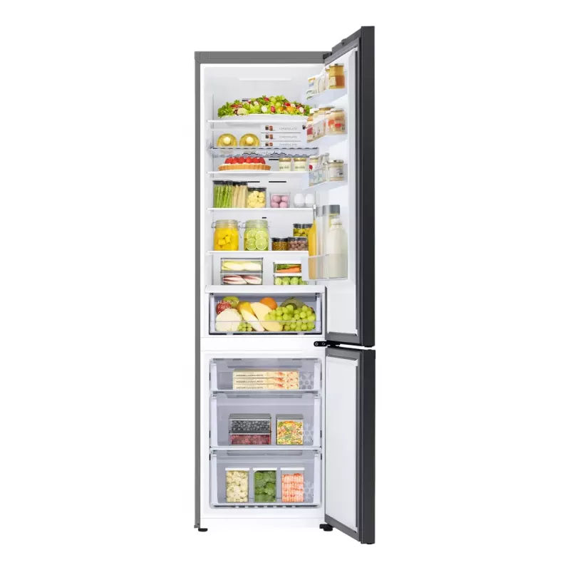Frigorífico de livre instalação Samsung RB38C6B2E22 com No Frost, abertura da porta à direita, 35 dB, classe de eficiência energética E, capacidade de congelação 8 kg/24h, 4 prateleiras, 2 gavetas de legumes, preto